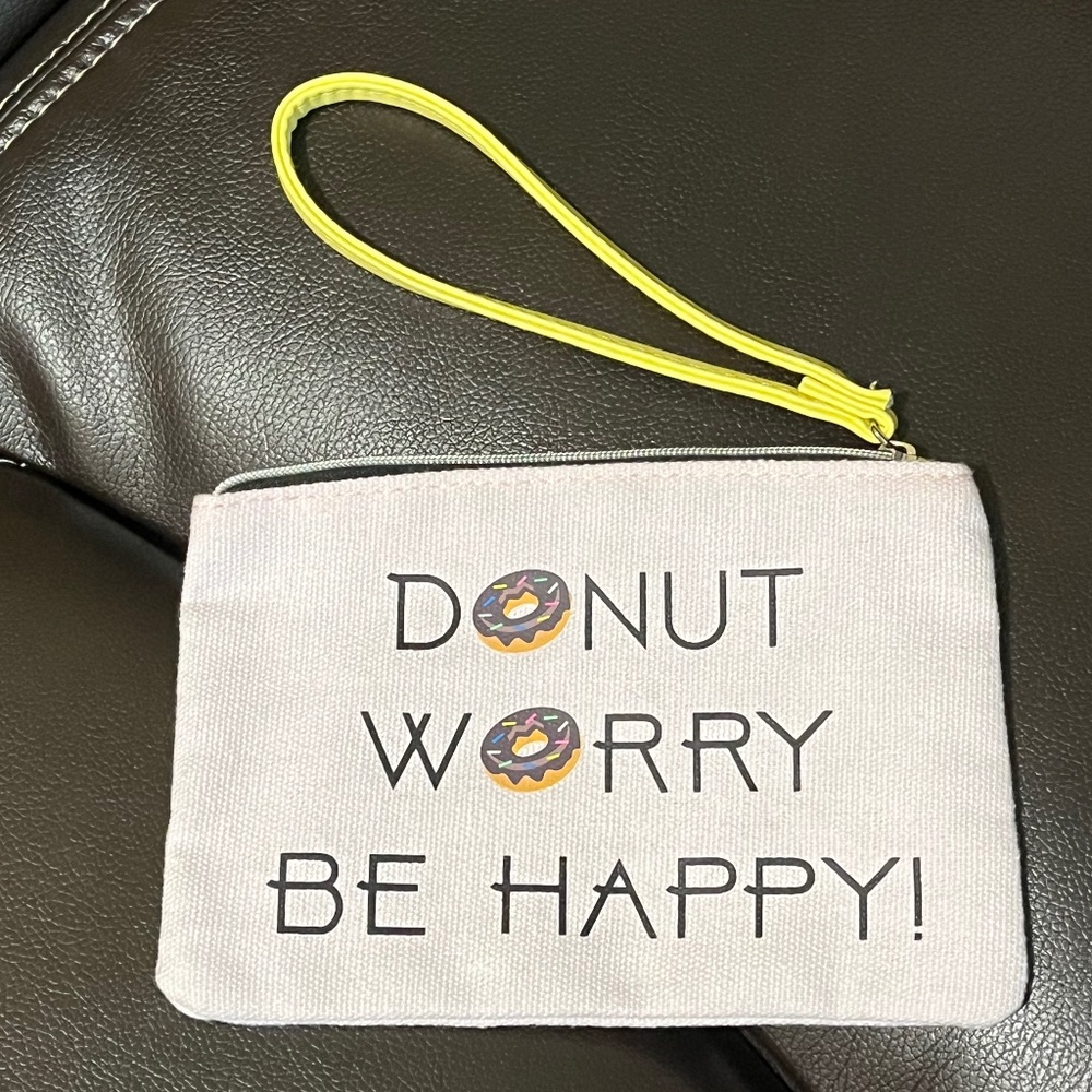 Canvas Zippered Bag "Donut Worry Be Happy" With Yellow Wristlet